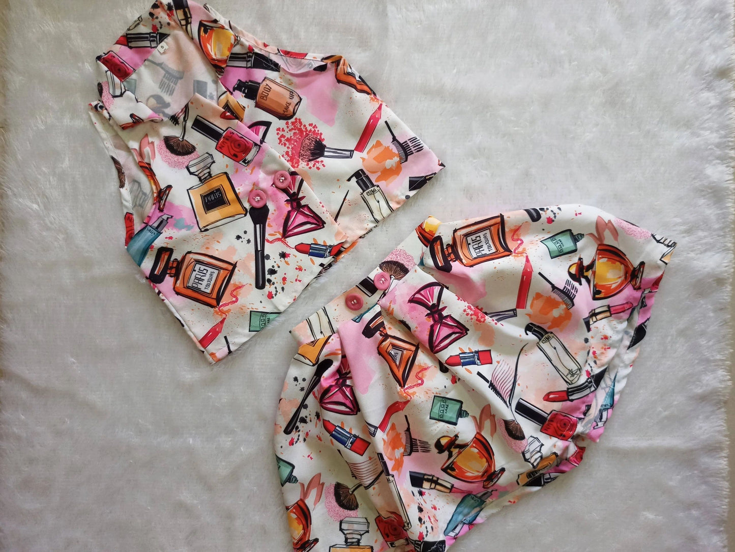 Pink Cosmetic Print Top & Skirt Set