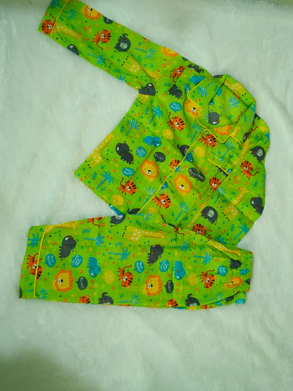 Kids Green Jungle Animal Print Cotton Night Suit (Full Sleeve)