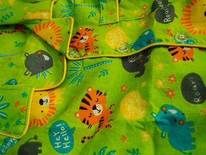 Kids Green Jungle Animal Print Cotton Night Suit (Full Sleeve)