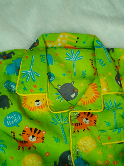 Kids Green Jungle Animal Print Cotton Night Suit (Full Sleeve)