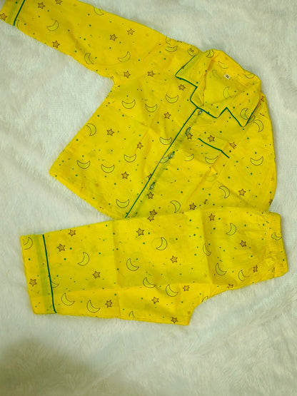 Kids Yellow Moon & Star Print Cotton Night Suit