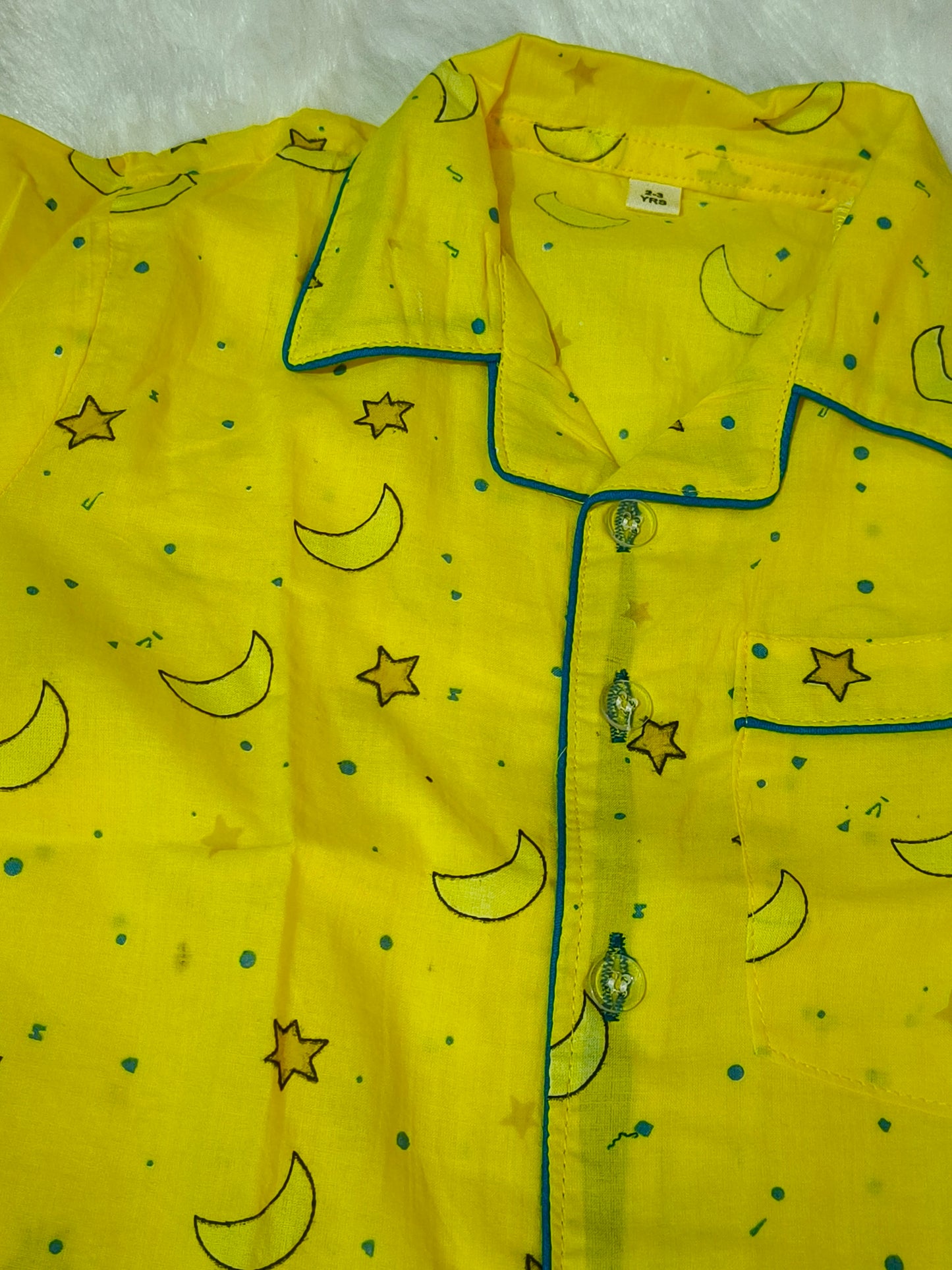 Kids Yellow Moon & Star Print Cotton Night Suit