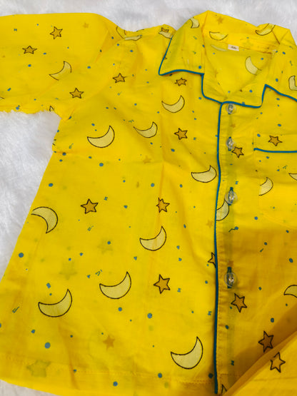 Kids Yellow Moon & Star Print Cotton Night Suit