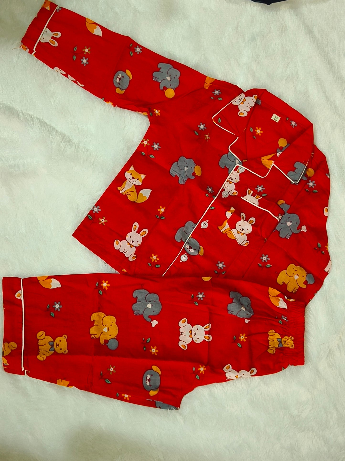 Kids Red Animal Print Cotton Night Suit