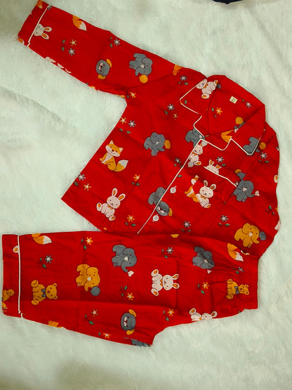 Kids Red Animal Print Cotton Night Suit