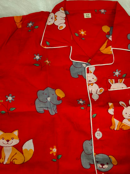 Kids Red Animal Print Cotton Night Suit