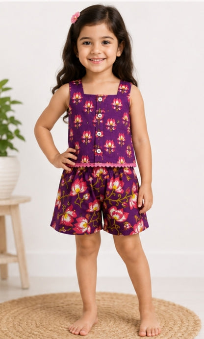 Girls Purple Floral Cotton Co-Ord Set