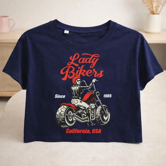 Navy Blue Biker Print Crop Top