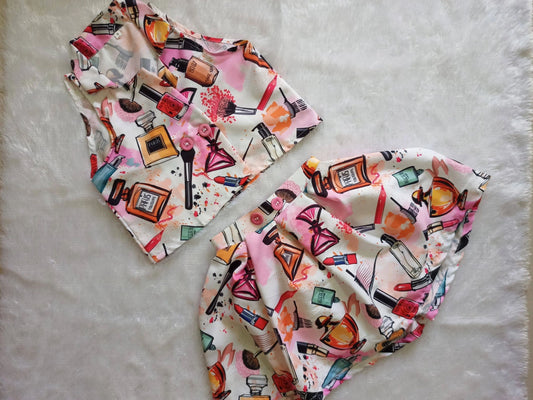 Pink Cosmetic Print Top & Skirt Set