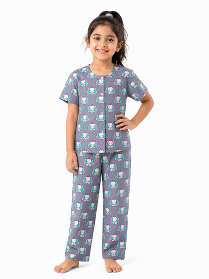 Kids Grey Elephant Print Cotton Night Suit