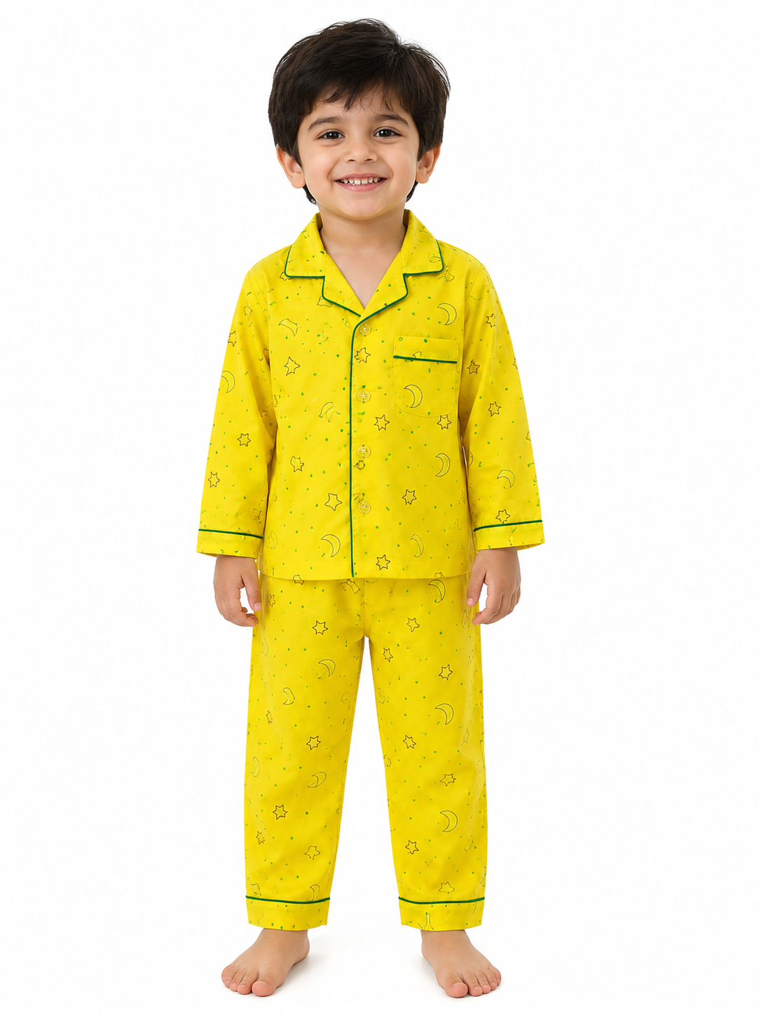 Kids Yellow Moon & Star Print Cotton Night Suit