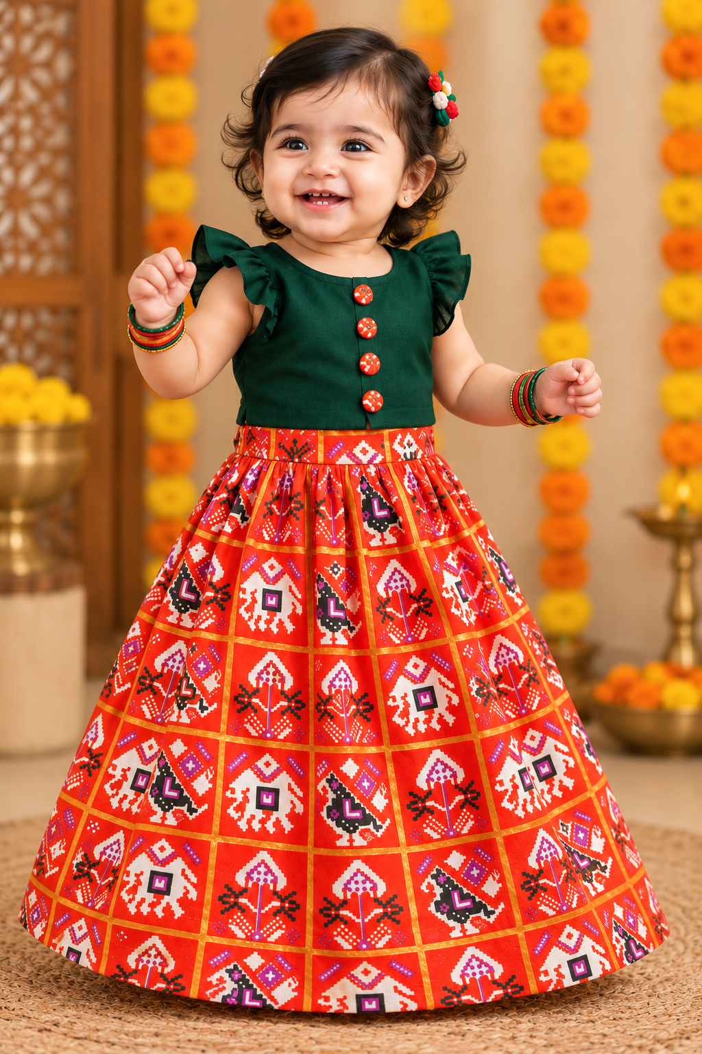 Kids Bottle Green Top &amp; Orange Patola Skirt Set