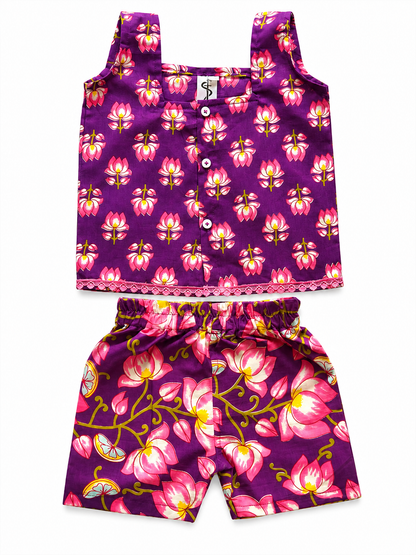 Girls Purple Floral Cotton Co-Ord Set