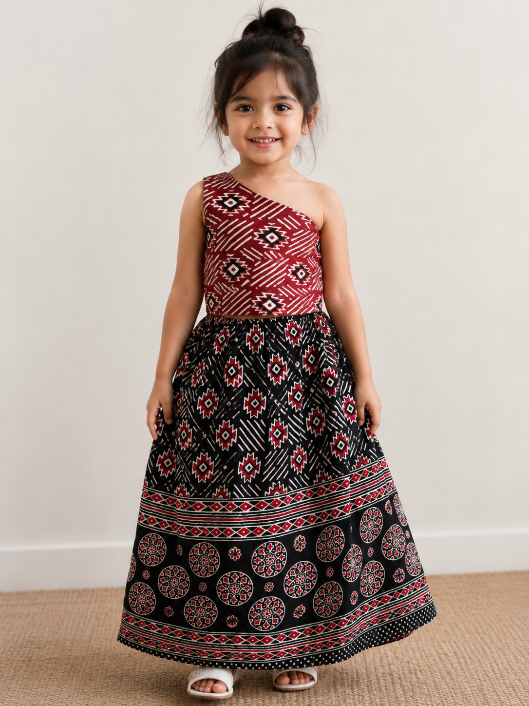 Kids Maroon Printed Single Shoulder Top & Skirt Set