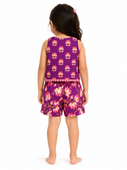 Girls Purple Floral Cotton Co-Ord Set