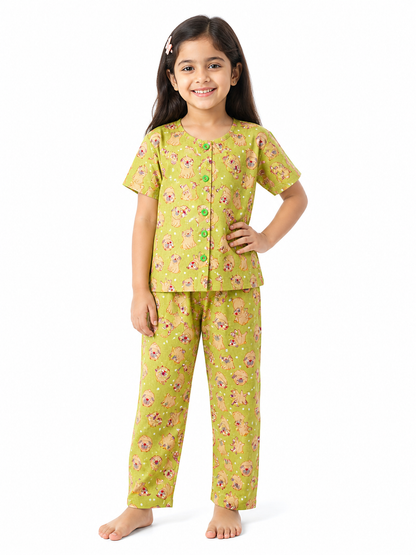 Kids Olive Puppy Print Cotton Night Suit