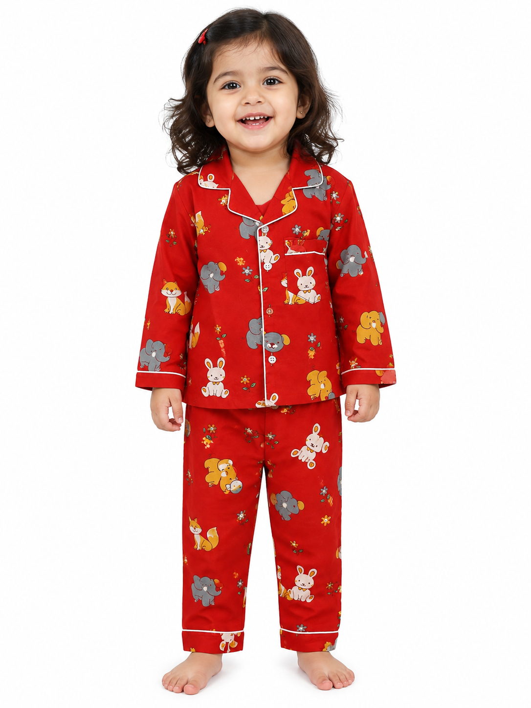 Kids Red Animal Print Cotton Night Suit