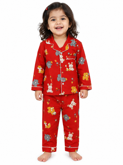 Kids Red Animal Print Cotton Night Suit