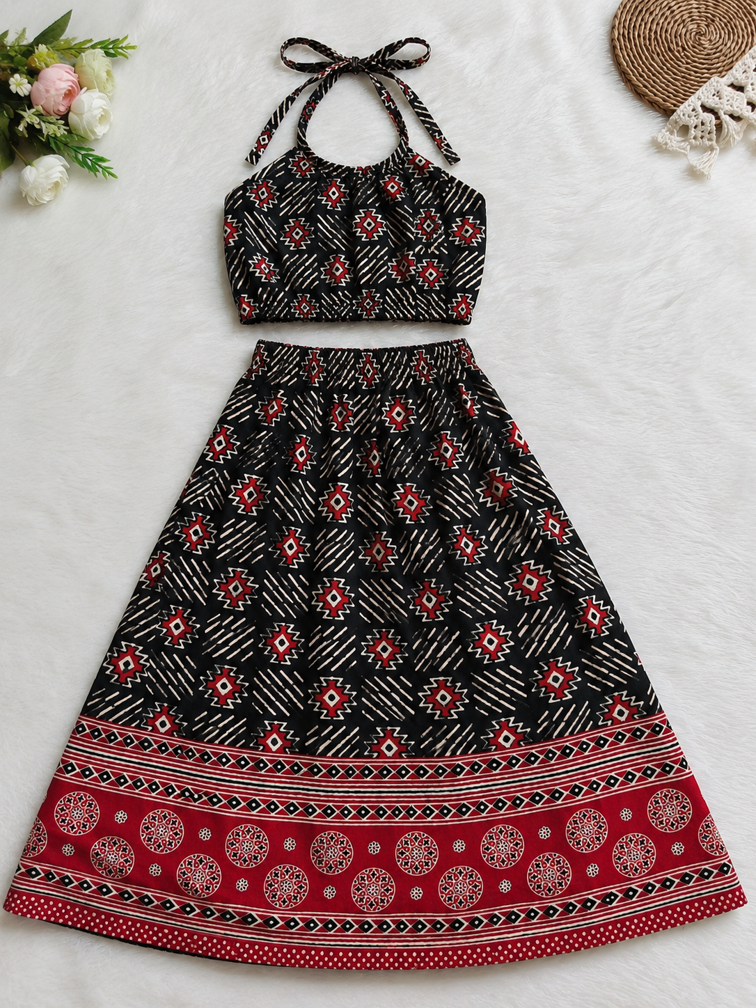 Kids Black Printed Halter Neck Top & Skirt Set