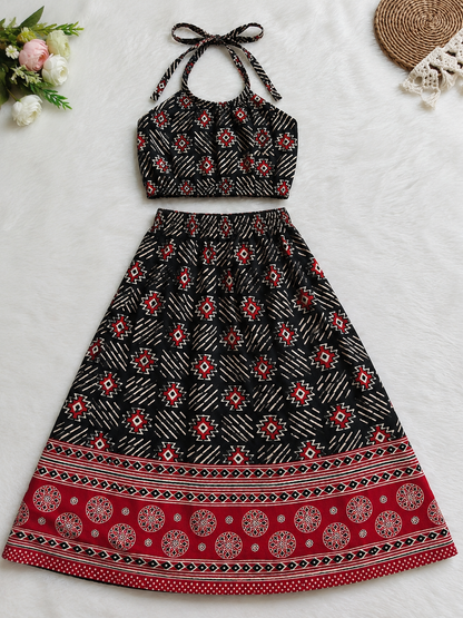 Kids Black Printed Halter Neck Top & Skirt Set