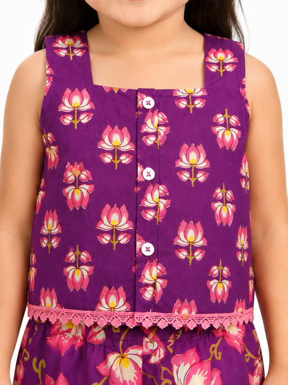 Girls Purple Floral Cotton Co-Ord Set