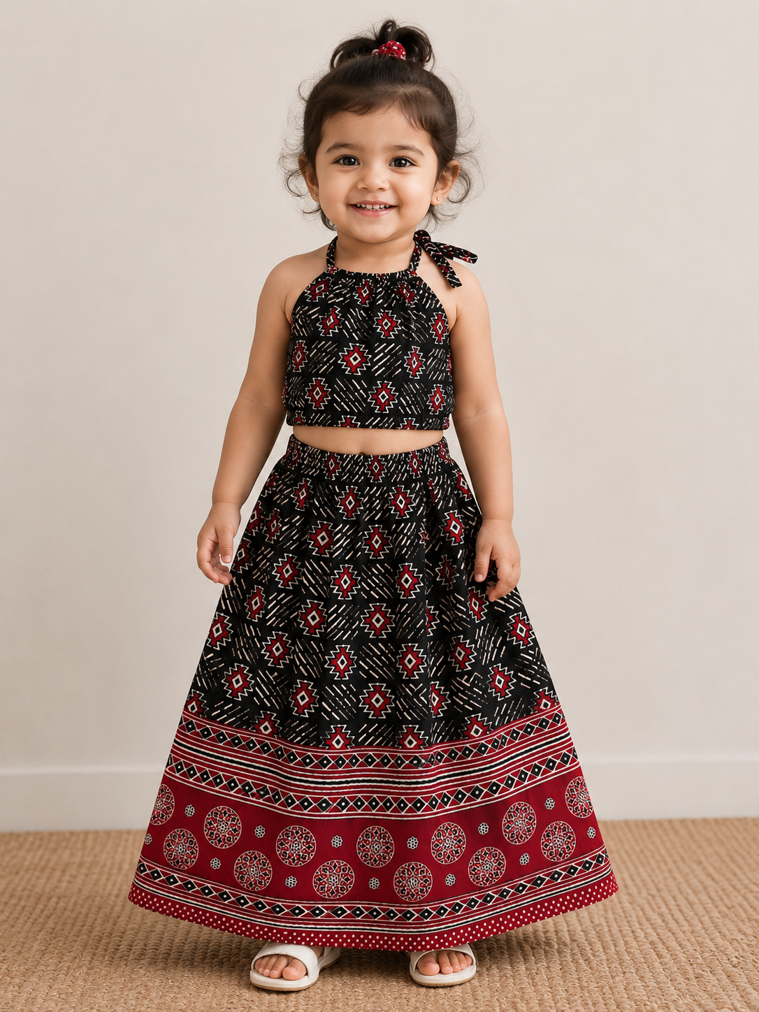 Kids Black Printed Halter Neck Top & Skirt Set