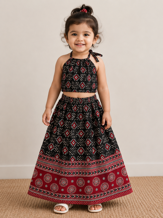 Kids Black Printed Halter Neck Top & Skirt Set