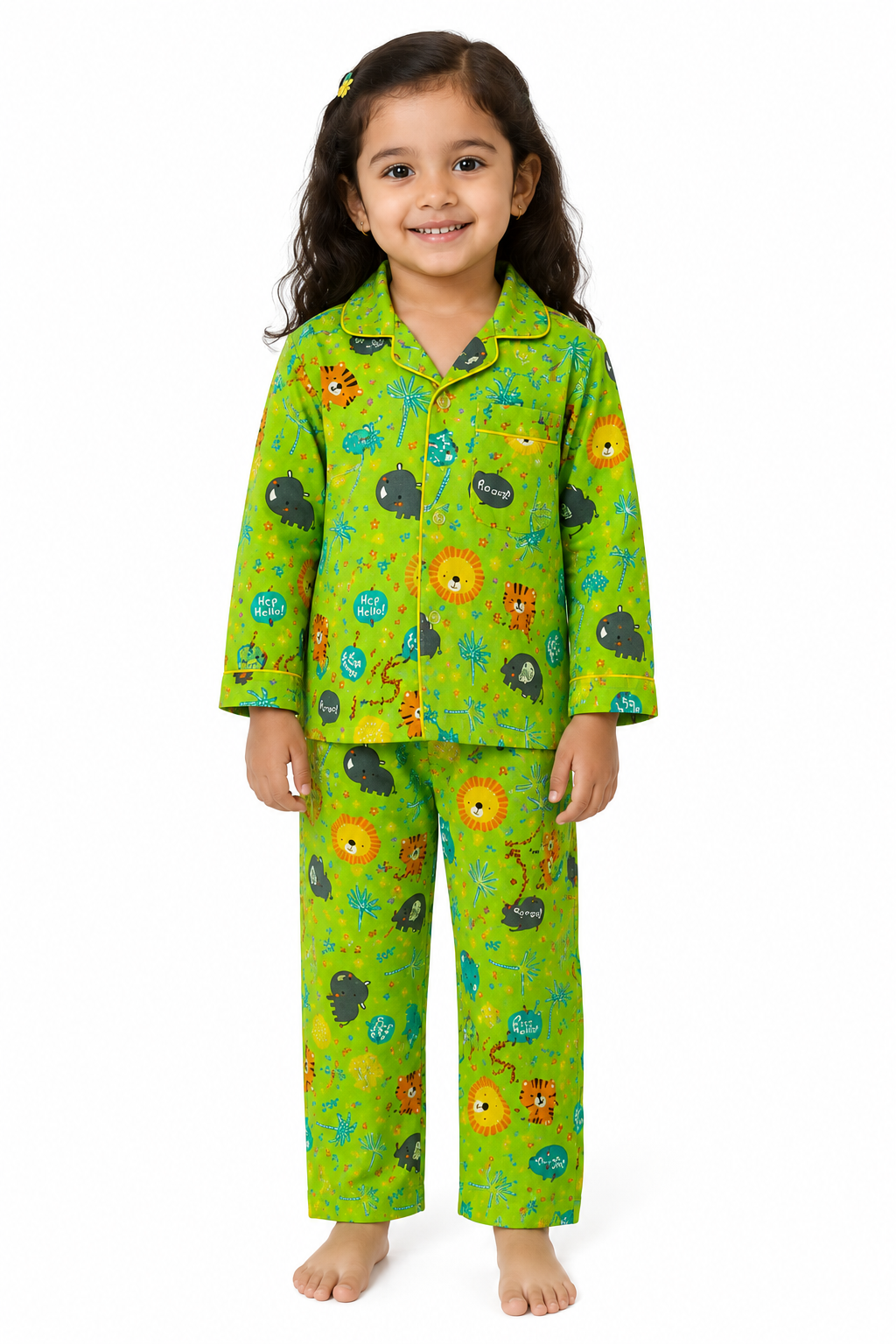 Kids Green Jungle Animal Print Cotton Night Suit (Full Sleeve)