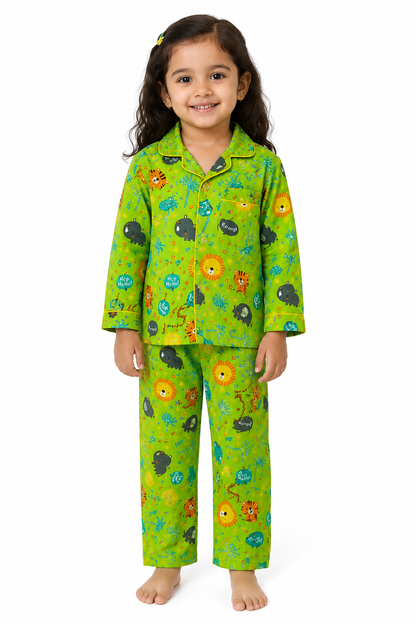 Kids Green Jungle Animal Print Cotton Night Suit (Full Sleeve)